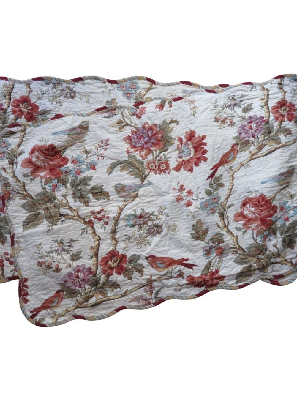Waverly Reversible Pillow Shams Floral Striped 21" x 36" Scalloped Edges Set 2